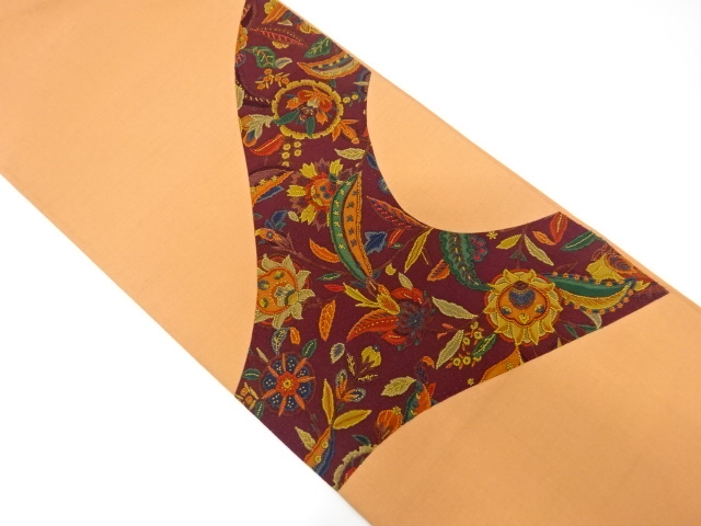 手織り節紬　切りばめ　相良刺繍　花更紗模様　袋帯